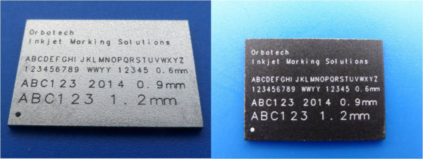 Example of Orbotech Inkjet 500嚙踝蕭s high-contrast, clear results across a range of character sizes (down to 0.3 mm)