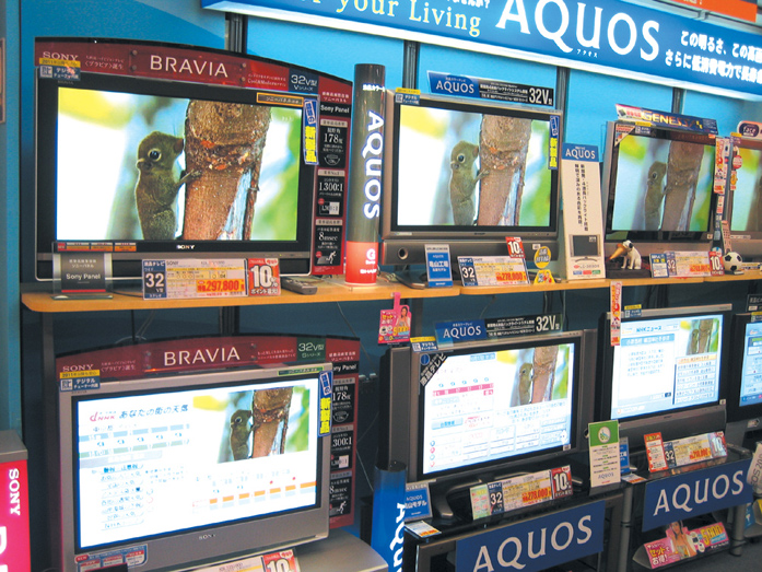 Sony and Sharp LCD TVs are displayed at Japan home appliance retail chains