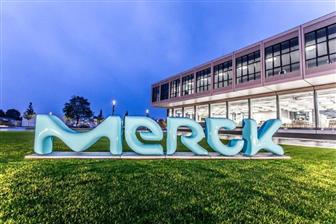Merck's new branding image in front of its Innovation Center at the headquarter in Germany