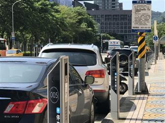 Smart parking meters installed beside roadside parking space units