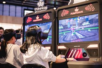 Pumpkin Studio-developed arcade VR game machines, with players wearing VR headsets.