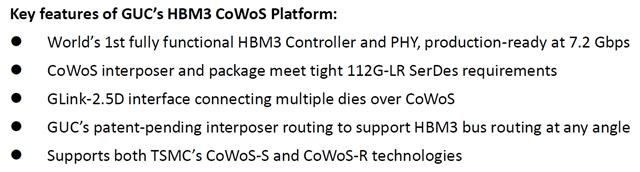 Key features of GUC's HBM3 CoWoS Platform